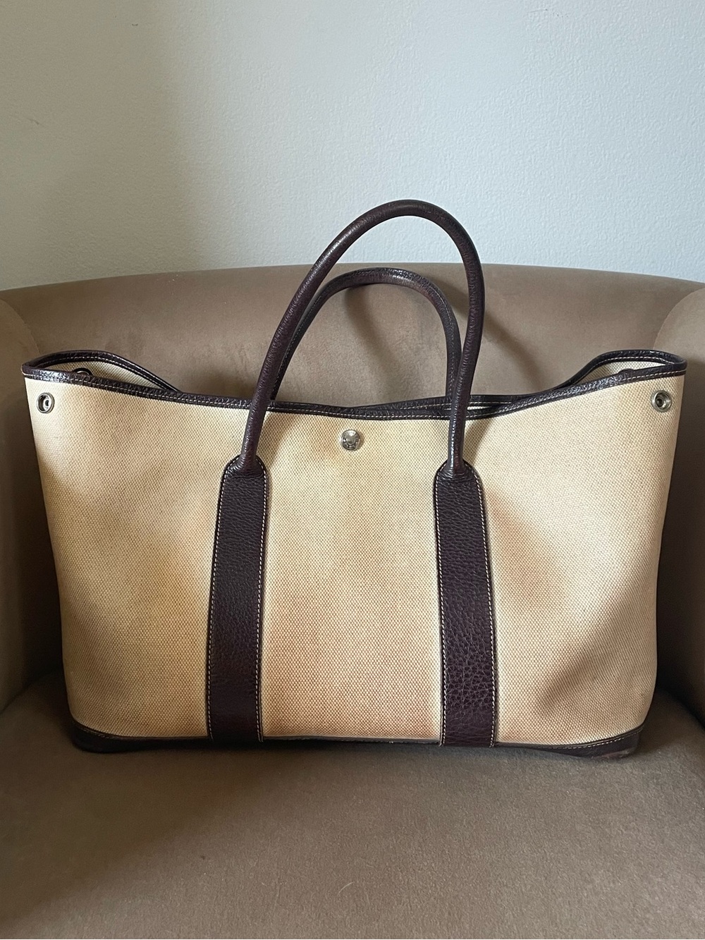Authentic Hermès Garden Party PM Tote Bag | Beige Toile & Brown Leather | Luxury